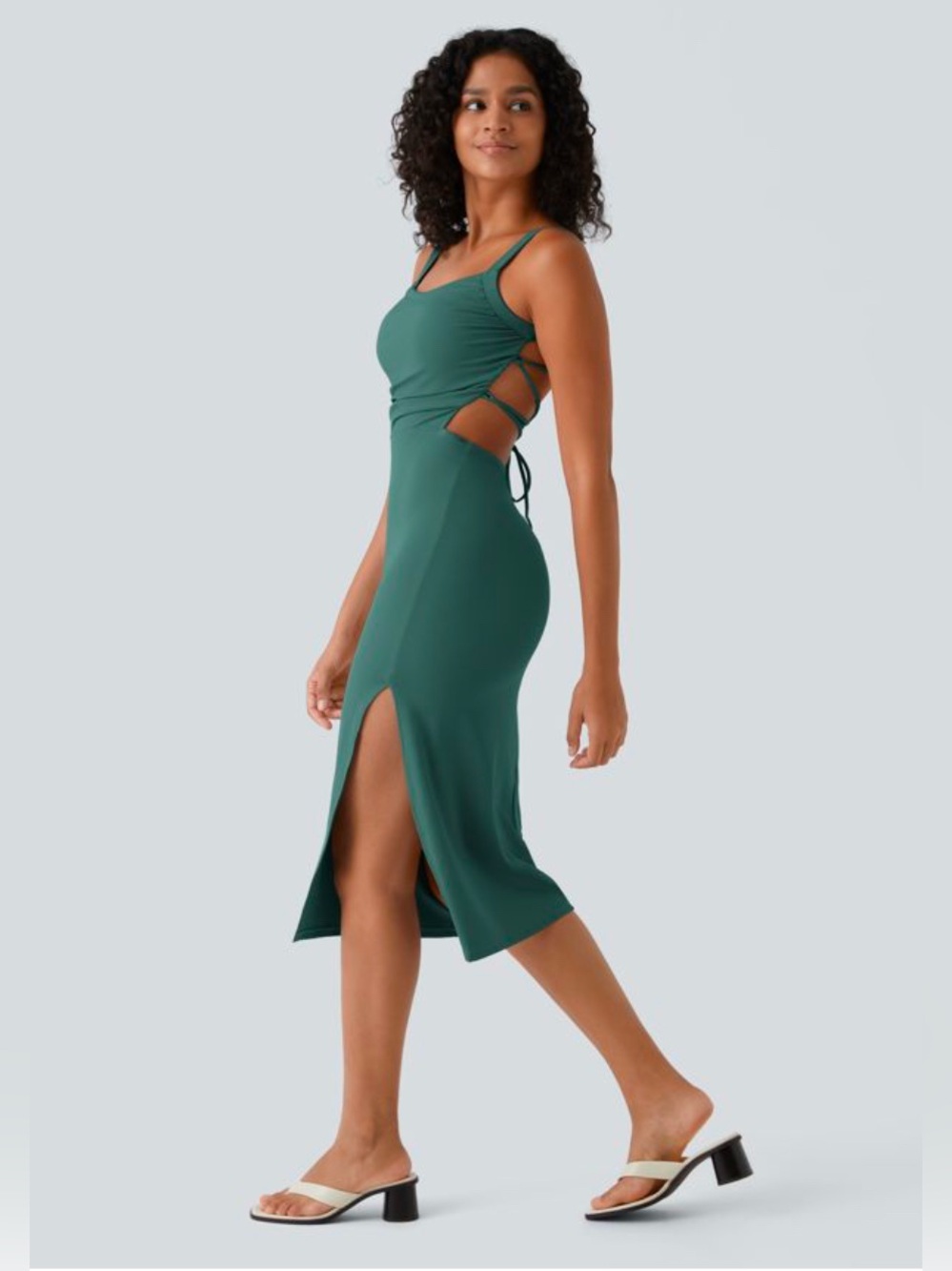 NWT Halara Ruched Lace Up Bodycon Blue Spruce Midi Dress High side Slit
